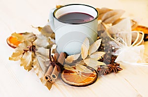 Autumn, fall leaves, hot steaming cup of glint wine