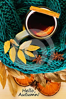 Autumn, fall leaves, hot steaming cup of glint wine