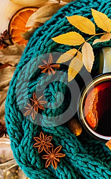 Autumn, fall leaves, hot steaming cup of glint wine photo