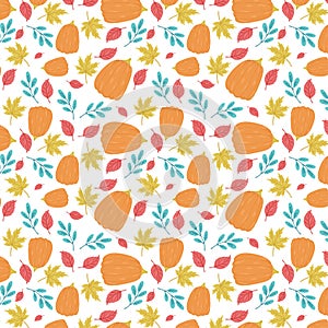 Autumn/fall leaves and pumpkins seamless vector pattern.
