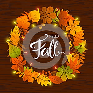 Autumn fall leaves wreath with light bulbs around