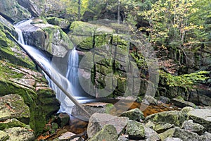 Autumn fall mountain waterfall stream in the rocks with colorful fallen dry leaves, landscape, natural seasonal background