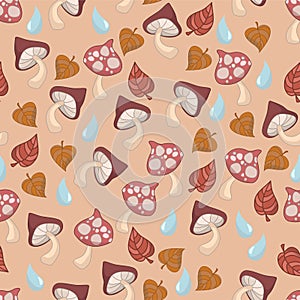 Autumn fall mushroom leaf raindrop seamless pattern