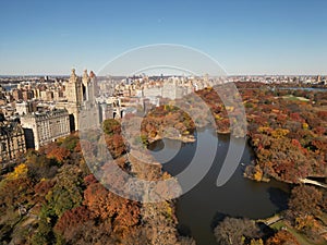 Autumn Fall in New York. Autumnal Central Park view from drone. Aerial of NY City Manhattan Central Park panorama in