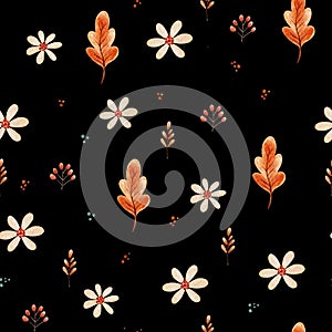 Autumn fall oak leaves and daisy flower seamless watercolor pattern