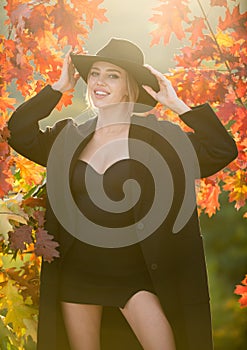 Autumn fall. Portrait young woman with autumn leafs on foliage. Beautiful girl outdoor in autumn. Sensual woman with