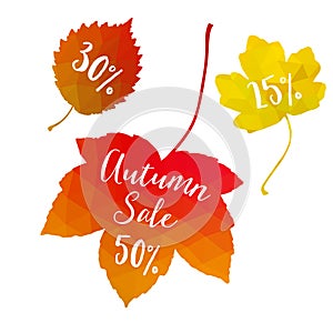 Autumn fall sale, polygonal maple leaves, discount tags, elements. Seasonal promotion concept. Modern design.