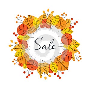 Autumn or fall sale vector poster or banner template with leaves, foliage. Offers and discounts promotion and