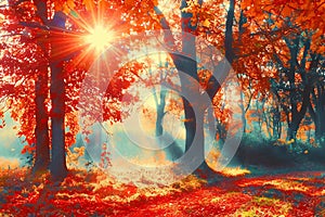 Autumn. Fall scene. Beautiful Autumnal park. Beauty nature scene. Autumn landscape, Trees and Leaves, foggy forest in Sunlight