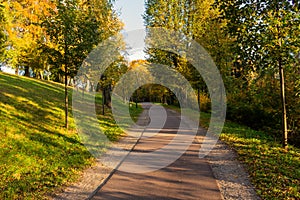 Autumn, Fall scene. Beautiful Autumnal park with pathway. Beauty nature scene.