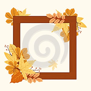 Autumn Fall Season Leaf Greeting Invitation Square Frame Wood Background