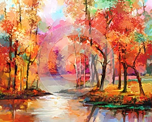 Autumn, Fall season nature background. Hand Painted Impressionist, outdoor landscape