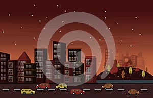 Autumn Fall Season Night Traffic City Building Cityscape Flat Design Illustration