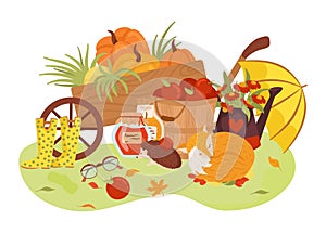 Autumn, fall season vector illustration set, composition.Cute animals, hedgehog, fox and autumnal harvest, pumkin, apple