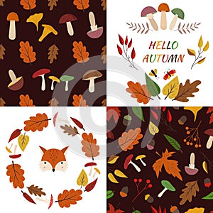 Autumn fall set of 2 seamless patterns, wreath. Fox face. Isolated vector illustration. Compositions, backgrounds and elements.