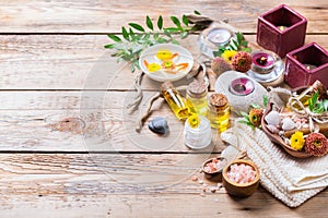 Autumn fall spa wellness setting concept, wooden background