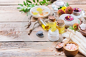 Autumn fall spa wellness setting concept, wooden background