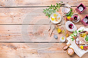 Autumn fall spa wellness setting concept, wooden background