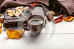 Autumn fall still life cup coffee top view