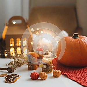 Autumn, fall still life. Hygge lifestyle, cozy home decor. Happy Thanksgiving, Halloween background. Flat lay, top view