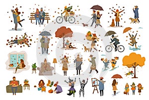 Autumn fall thanksgiving Halloween people outdoor and at home cartoon vector illustration set