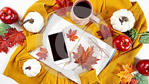 Autumn Fall Thanksgiving hygge flatlay with sweater, reading glasses and book. photo