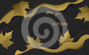 Autumn fall thanksgiving season gold and black colored banner with paper art style maple tree leaves