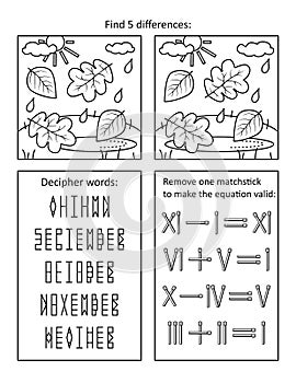 Autumn or fall themed puzzle page with 3 puzzles: find differences; decipher coded words; roman numerals. Black and white. Letter