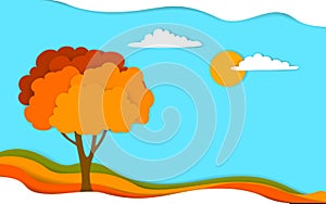 Autumn fall tree landscape in digital layered effect paper cut style vector photo