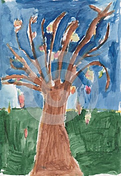 Autumn or Fall Tree Watercolor Children`s Artwork