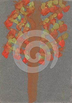 Autumn or Fall Tree Watercolor Children`s Artwork Illustration