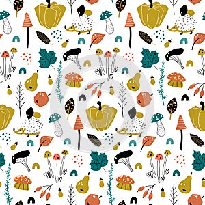 Autumn. Fall. Trendy hand drawn textures. Seamless pattern with mushrooms, floral elements.