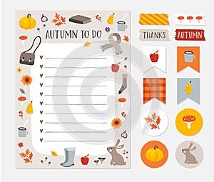 Autumn, fall wish, to do list. Colorful scrapbooking stickers, labels, tapes and gift tags. Cute stationery, planner