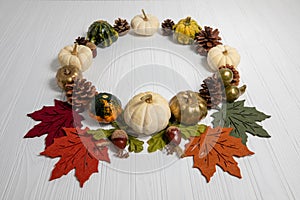 Autumn Fall Wreath, pumpkins dry nature, perspective