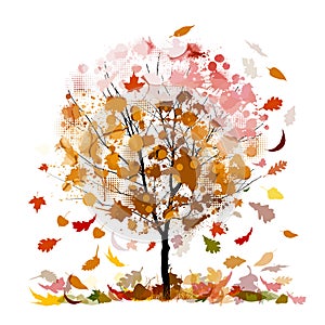 autumn with falling leaves. Orange autumn tree. Vector illustration