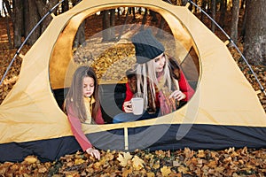 Autumn family tourism mother daughter forest