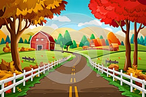 Autumn farm landscape with beautiful countryside road, realistic illustration