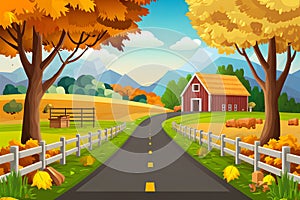 Autumn farm landscape with beautiful countryside road, realistic illustration