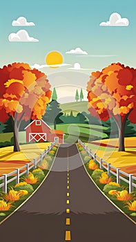 Autumn farm landscape with beautiful countryside road, realistic illustration