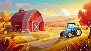 Autumn farm landscape cartoon with red wooden barn, blue tractor on the road in field. Yellow and orange color scheme