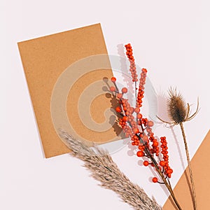 Autumn fashion composition. Paper blank, dried flowers herbarium on white beige background. Autumn, fall concept. Flat lay, top