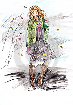 Autumn fashion - hand drawn beautiful woman in green jacket and a dress. photo