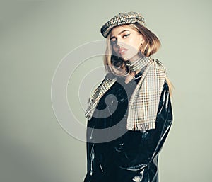 Autumn fashion for woman in hat and scarf. Makeup look for woman with soft skin. Beauty and hairdresser. Trendy girl