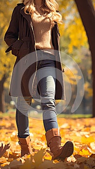 Autumn fashion woman in jeans and boots walking in park