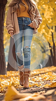 Autumn fashion woman in jeans and boots walking in park