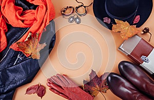 Autumn female outfit. Set of clothes, shoes and accessories