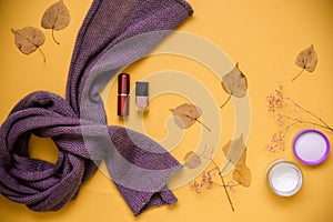 Autumn female outfit. Set of clothes, shoes and accessories on yellow background