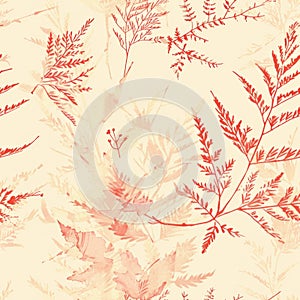 Autumn Fern and Maple Leaf Watercolor Pattern Background