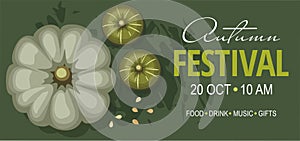 Autumn festival banner or invitation with pumpkins on green background.