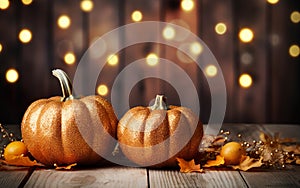 Autumn festival decor composition with golden pumpkins and yellow maple leaves on dark bokeh lights blurred wooden background